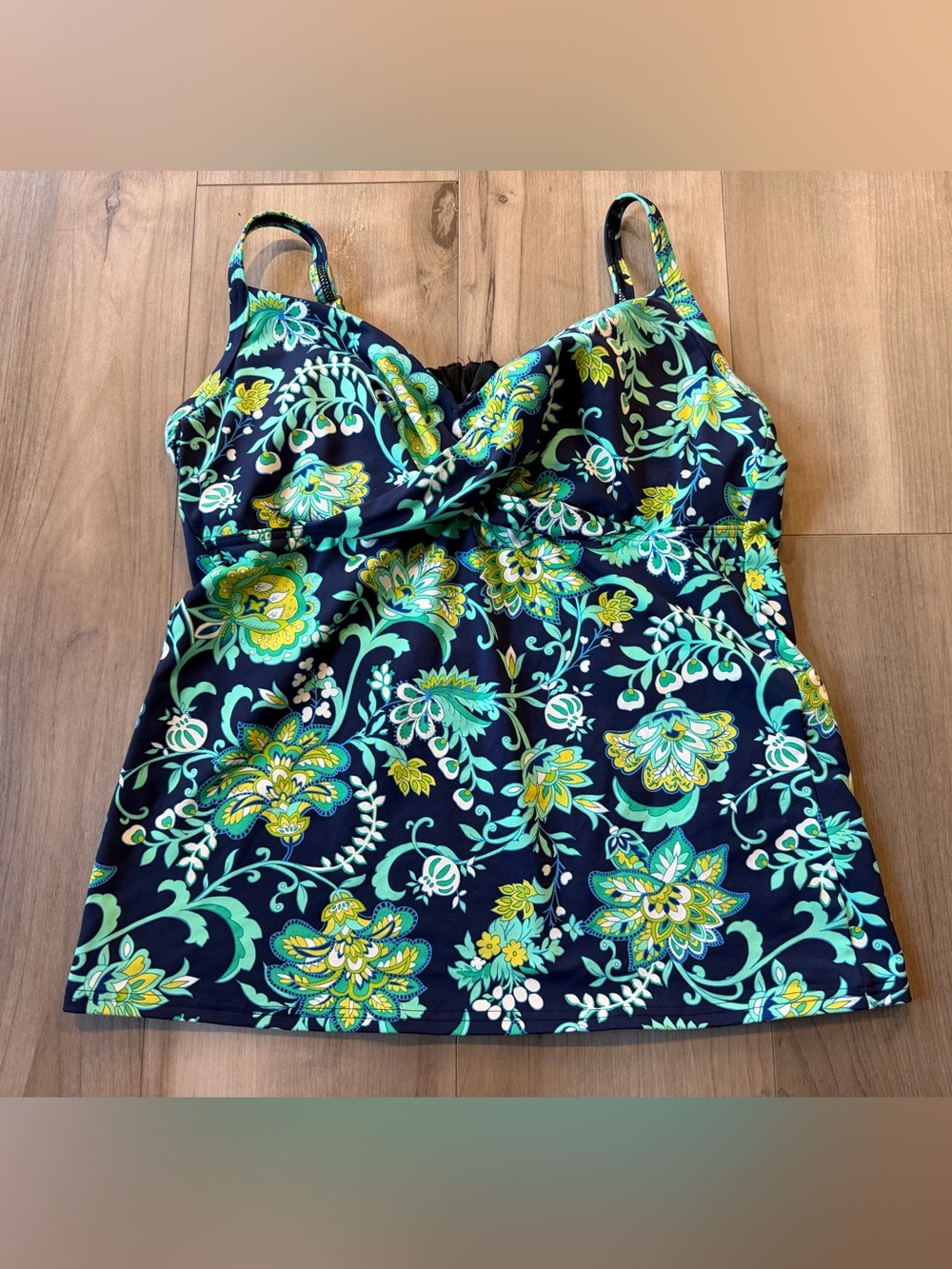 Lands' End Floral Tankini Top - Navy, Green & Yellow